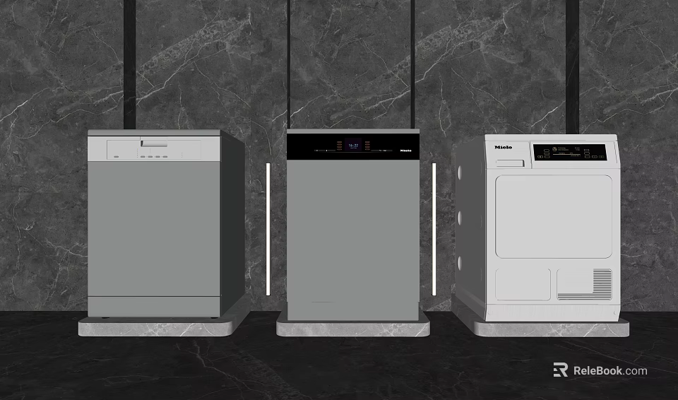 Three Modern Kitchen Appliances On Marble Countertop With Dark Marble Wall 3d model