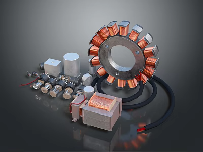 Engine Components Display Featuring Various Copper Windings Coils And Cylindrical Parts 3d model