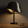 Vintage Helmet Designed Table Lamp With Warm Glow On Wooden Desk And Textured Wall