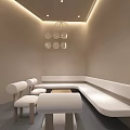 Modern Minimalist Interior Space With Curved Wooden Furniture Round Ceiling Light And Green Plants