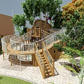 Outdoor Wooden Play Equipment With Tree House And Spiral Slide Surrounded By Green Trees