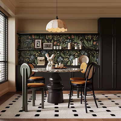 Elegant Dining Room Interior With Floral Wallpaper Round Table Decorative Items And Chandelier 3d model