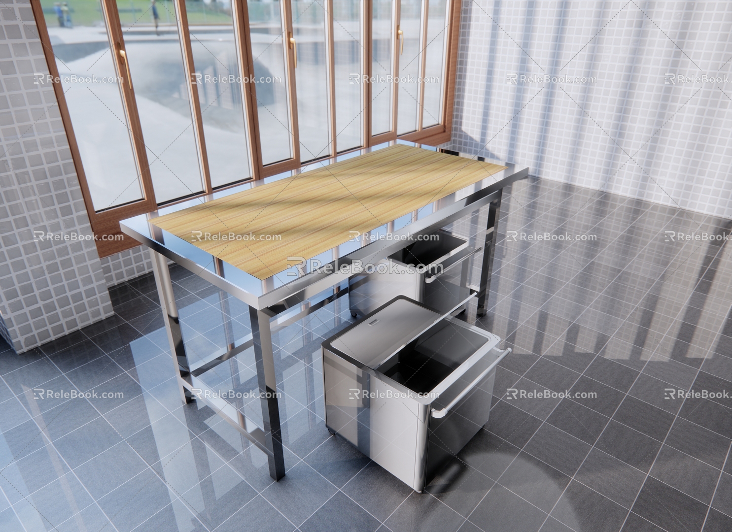 Wooden workbench with flour truck 3d model