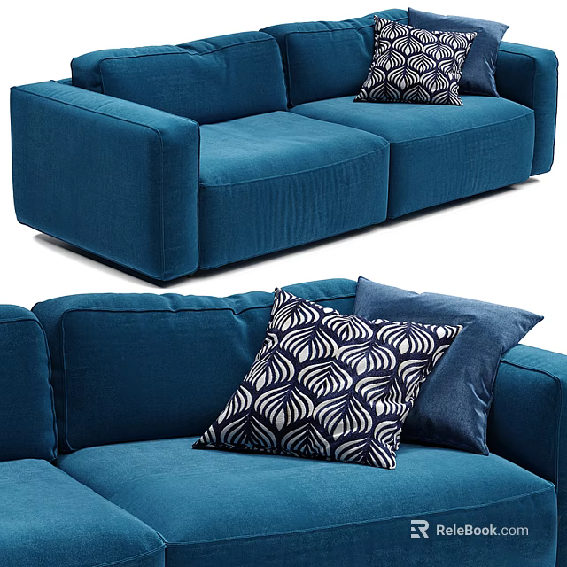 Modern Blue Velvet Two-Seater Sofa With Patterned And Dark Blue Pillows 3d model