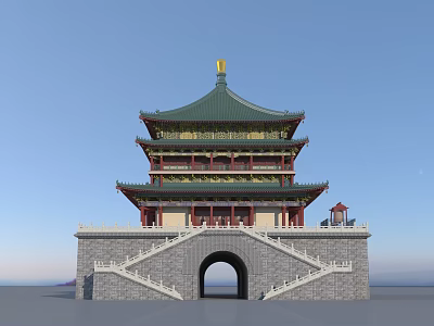 Traditional Chinese Multi Tiered Pagoda With Green Roof Golden Decorations Stone Base And Archway 3d model
