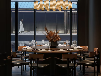 Elegant Private Dining Room With Round Table Chairs Pendant Lights Large Windows And Table Settings 3d model