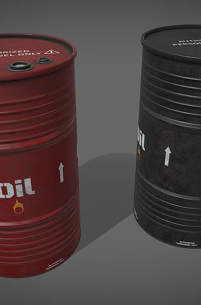 Industrial Equipment Featuring Red And Black Oil Drums With Oil Labels And Arrows 3d model