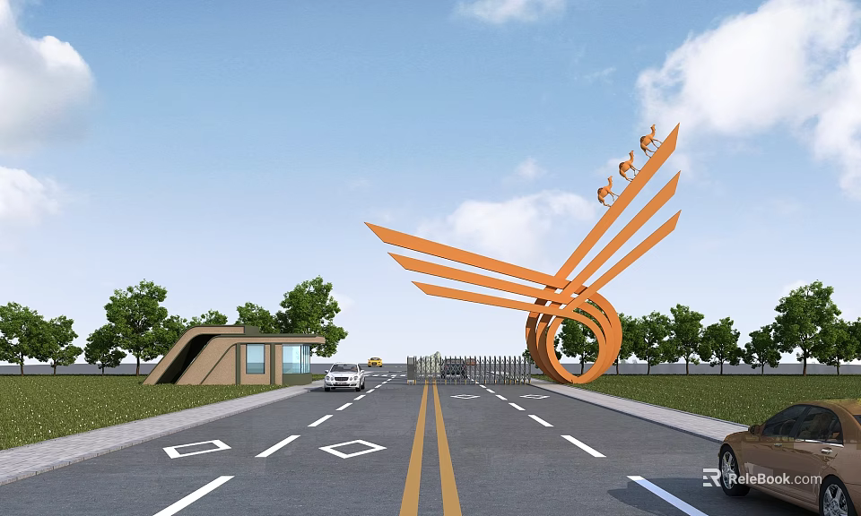 Modern Entrance Gate Design With Orange Wing Like Sculpture And Trees Along Road With Cars 3d model 