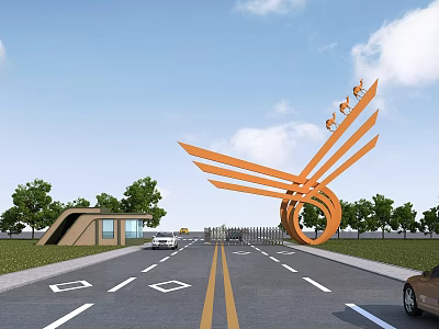 Modern Entrance Gate Design With Orange Wing Like Sculpture And Trees Along Road With Cars 3d model