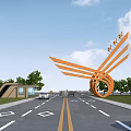 Modern Entrance Gate Design With Orange Wing Like Sculpture And Trees Along Road With Cars