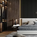 Modern Bedroom Interior Design With Striped Accent Wall Upholstered Bed Wooden Flooring And Area Rug