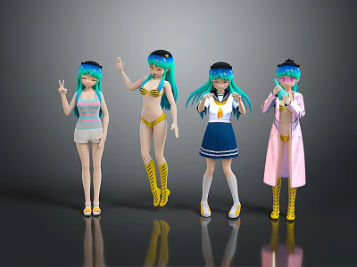 Four Teal Haired Game and Movie Characters in Different Outfits 3d model