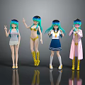 Four Teal Haired Game and Movie Characters in Different Outfits