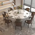 Elegant Round Dining Table Set With Marble Top Six Chairs And Plant On Patterned Rug 3d model
