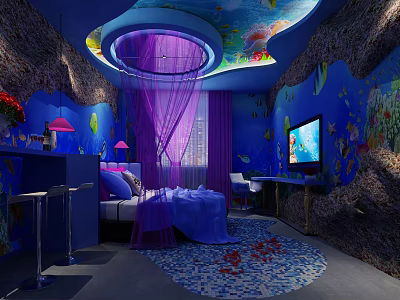 Ocean Themed Hotel Room Interior with Blue Walls Marine Life Ceiling and Purple Curtains 3d model