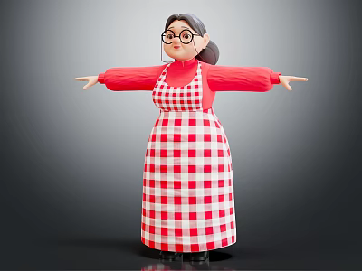 Cheerful Female Doll In Red Top With Glasses Ponytail Checkered Apron And Open Arms 3d model