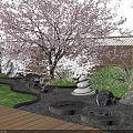 Karesansui Garden With Cherry Blossom Red Maple Trees Bamboo Fence Wooden Platform And Tea Set