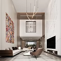 Modern Loft Living Room With Marble Wall And Large Windows