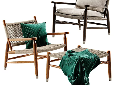 Modern Lounge Chairs With Wooden Frame Woven Details Green Cushions And Throw Blanket 3d model