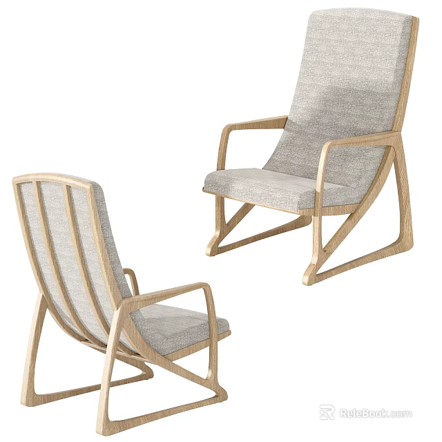 Two Modern Wooden Frame Leisure Chairs With Gray Cushion And Tilted Back Design 3d model 