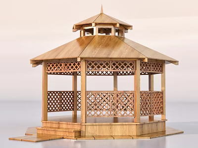 Outdoor Wooden Hexagonal Gazebo With Carved Railings Pitched Roof And Steps 3d model