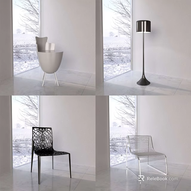 Modern Leisure Chairs with Metal Frame and Hollow Design in Interior with Snowy Window View 3d model 