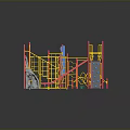 Colorful Playground Structure With Climbing Net Slide Sand Area And Red Poles