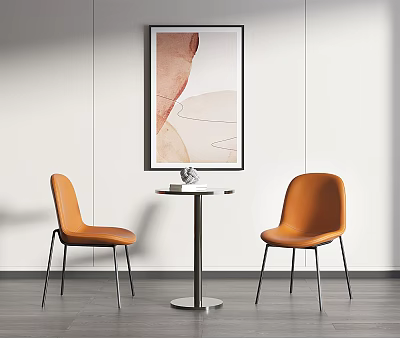 Round Table and Orange Chairs Set with Metal Legs and Abstract Wall Painting 3d model