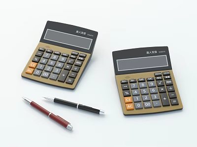 Two Black And Orange Calculators With Red And Black Pens On White Background 3d model