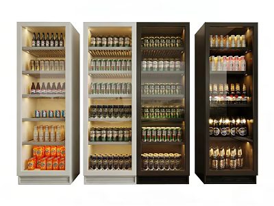 Four Display Refrigerators In Various Colors With Glass Doors And Interior Lighting Stocked With Beverages 3d model