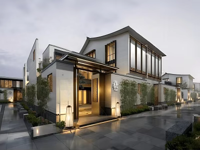 Modern Chinese Style Terraced Townhouse Exterior Design With Courtyard Lighting And Large Windows 3d model