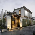 Modern Chinese Style Terraced Townhouse Exterior Design With Courtyard Lighting And Large Windows