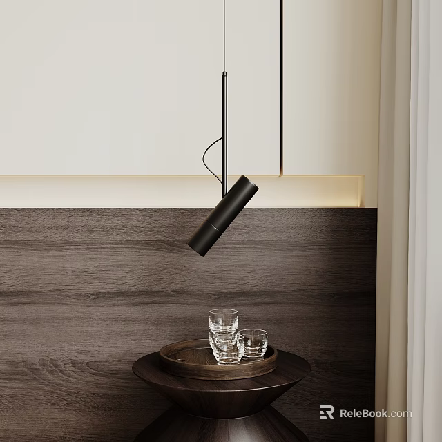 Modern Sleek Pendent Light Hanging Over Wooden Wall With Glass Cups On Tray 3d model 