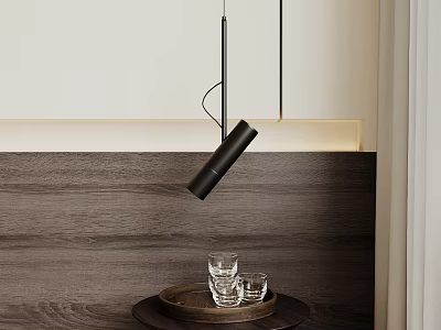 Modern Sleek Pendent Light Hanging Over Wooden Wall With Glass Cups On Tray 3d model