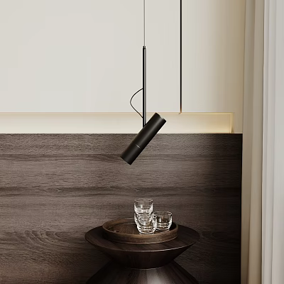 Modern Sleek Pendent Light Hanging Over Wooden Wall With Glass Cups On Tray 3d model