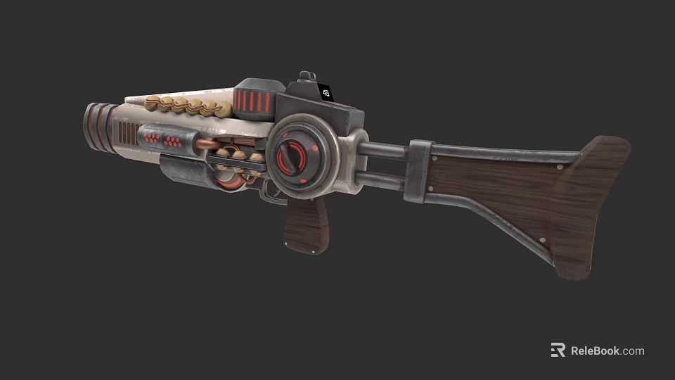 Vintage Mechanical Weapon With Wooden Stock Metal Barrel And Circular Components Red Black Color 3d model 