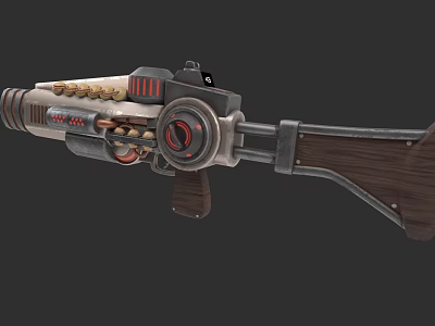 Vintage Mechanical Weapon With Wooden Stock Metal Barrel And Circular Components Red Black Color 3d model