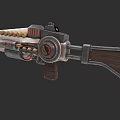Vintage Mechanical Weapon With Wooden Stock Metal Barrel And Circular Components Red Black Color