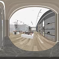 Shoe Store Interior with Shelves Display Tables Various Shoes Modern Lighting and Wooden Flooring
