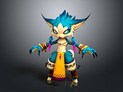 Cartoon Style Game and Movie Character With Blue Fur Pointed Ears and Yellow Outfit 3d model