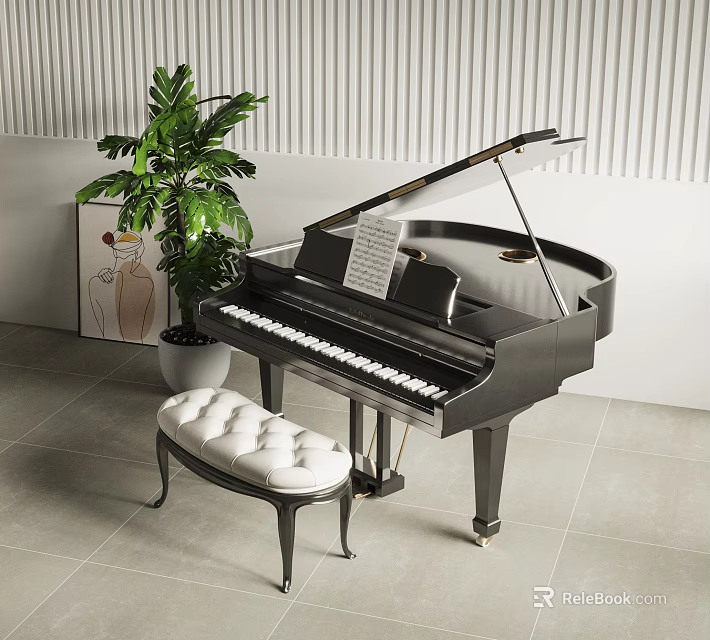 Musical Instruments And Art Supplies With Black Grand Piano Padded Stool Green Plant And Artwork Interior 3d model 