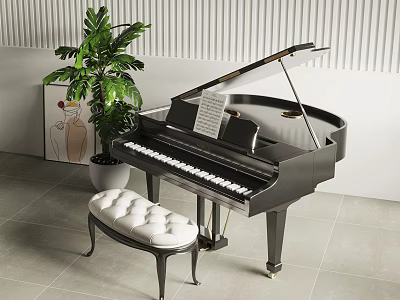Musical Instruments And Art Supplies With Black Grand Piano Padded Stool Green Plant And Artwork Interior 3d model