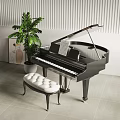 Musical Instruments And Art Supplies With Black Grand Piano Padded Stool Green Plant And Artwork Interior