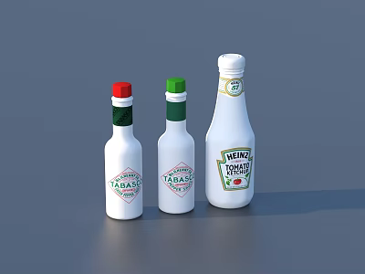 Set of Three White Condiment Bottles with Red and Green Caps Displayed on Gray Surface 3d model