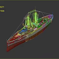 Vintage Warship 3D Model With Turrets Mast And Red Bottom Deck
