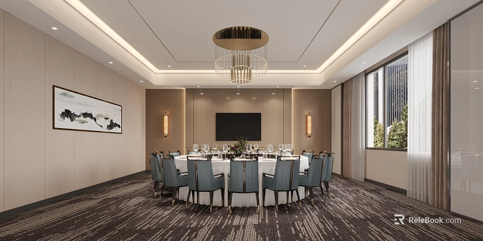 Luxury Private Dining Room Interior With Round Table And Chandelier 3d model