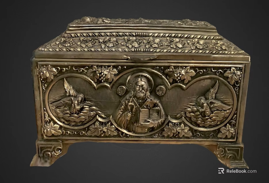 Vintage Metallic Decorative Box Ornament Combination With Carved Floral Patterns Angel Motifs And Footed Base 3d model 