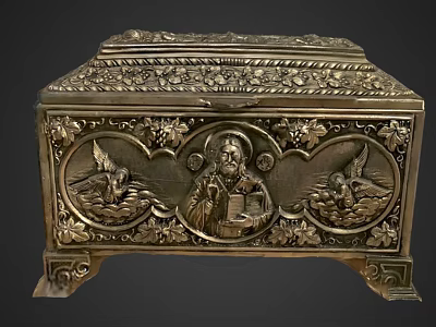 Vintage Metallic Decorative Box Ornament Combination With Carved Floral Patterns Angel Motifs And Footed Base 3d model
