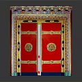 Open Traditional Red Door With Intricate Colorful Patterns And Gold Embellishments