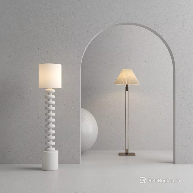 Two Modern Floor Lamps with Spiral White Base Sleek Metal Stand Beige Lampshade Grey Wall 3d model 